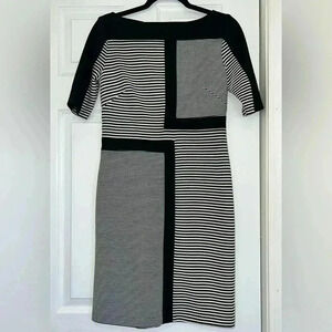Taylor women’s contrasting stripes white/ black dress 3/4 sleeves boat neck Sz 2